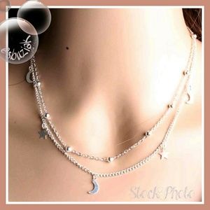 Silver Tone Moon and Stars Layered Necklace